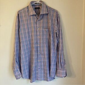 Peter Millar Men’s 100% Cotten plaid button down shirt size large. EUC!